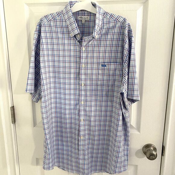 Peter Millar shirt Mens Large Short Sleeve Button Up Cotton Plaid preppy - Picture 1 of 7